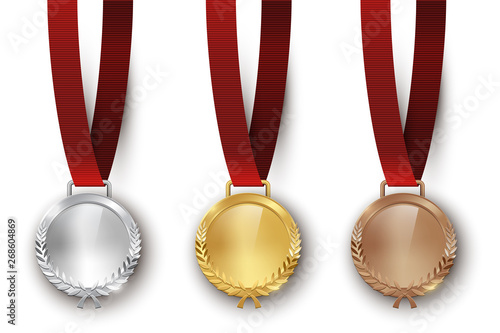 Award golden, silver and bronze medals 3d realistic vector color illustration on white background