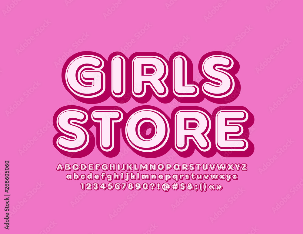 Vector marketing sign Girls Store with 3D Alphabet. Pink Vintage Font. Stylish Letters, Numbers and Symbols set 