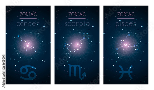 Set of three cards with Signs of the Zodiac, astrological constellations and abstract geometric symbol against the starry sky. Collection of the Water elements: cancer, scorpio, pisces. Vector.