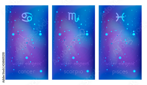 Set of three banners with Signs of the Zodiac, astrological constellations and geometric symbol against abstract background with stars. Collection of the Water elements: cancer, scorpio, pisces. 