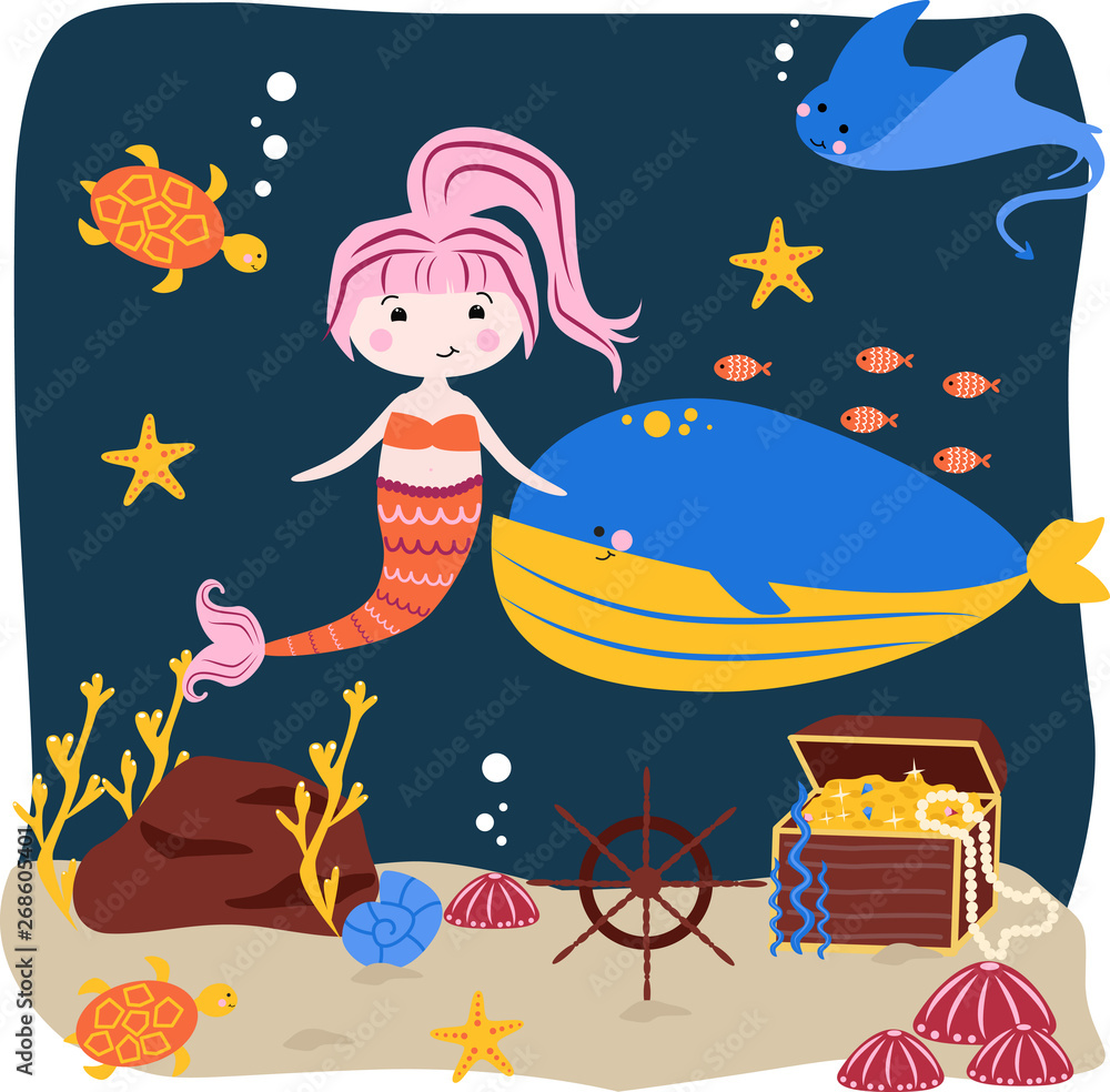 poster with a mermaid and a whale - vector illustration, eps poster with a mermaid and a whale - vector illustration, eps