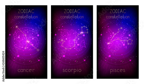 Set of three banners with Signs of the Zodiac, astrological constellations and abstract geometric symbol against the starry sky. Collection of the Water elements: cancer, scorpio, pisces. Vector .