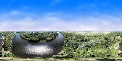 aerial view 360 sphere panorama of a green landscape with a river in Ukraine