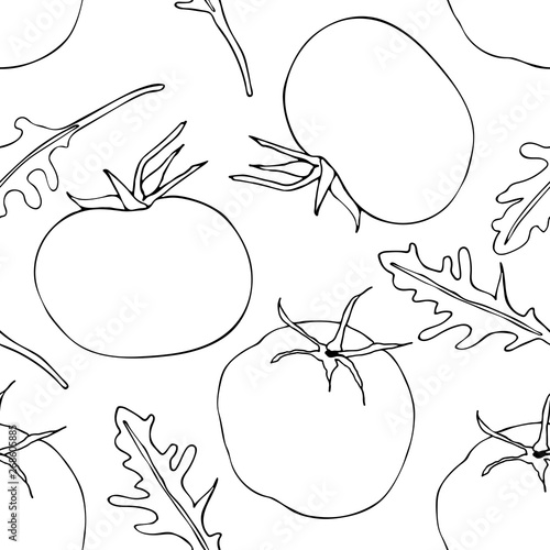 Seamless pattern with tomato and arugula (rucola). Linear white drawing on green backdrop.
