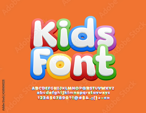 Vector Kids Font. Children Alphabet Letters, Numbers and Symbols