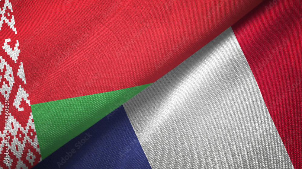 Fototapeta premium Belarus and France two flags textile cloth, fabric texture