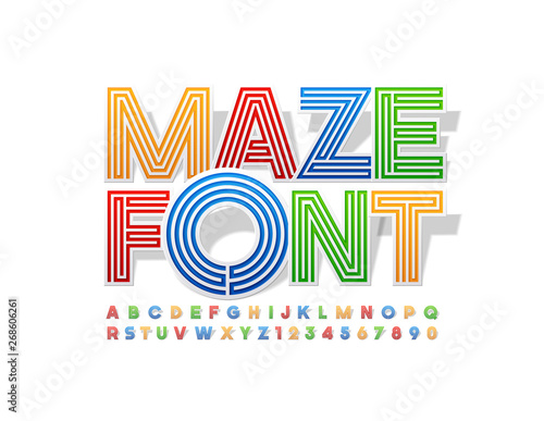 Vector Maze Font. Colorful creative Font. Artistic bright Letters and Numbers