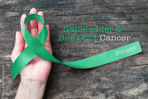 Gallbladder/ Bile Duct Cancer Awareness ribbon kelly green color on helping hand photo