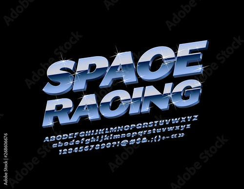 Vector metallic Alphabet Letters, Numbers and Symbols with sparkling stars. Chrome text Space Racing with reflective Font 