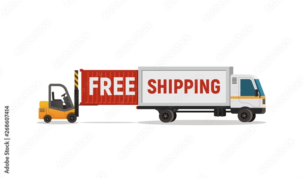 Isolated cartoon loader unloads the truck vector object. Free shipping delivery service Isolated cartoon loader unloads the truck vector object. Free shipping delivery service