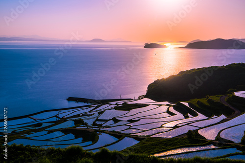 Doya Tanada, sunset on the rice field, kyushu, japan photo