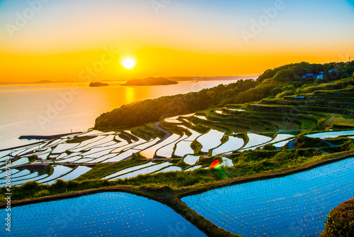 Doya Tanada, sunset on the rice field, kyushu, japan