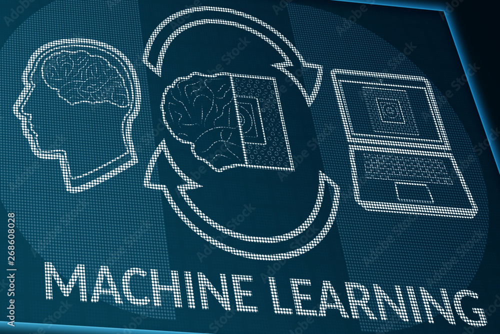 Machine learning on pixels screen. Perspective view of monitor or info ...