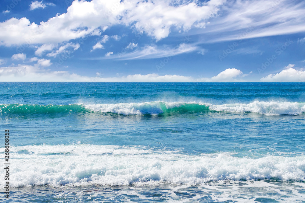 Beautiful ocean view with a beautiful cloudy sky. Seascape.