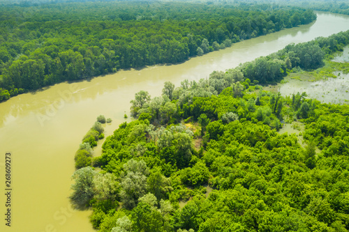 Sava river fron air, landscape in nature park Lonjsko polje, Croatia, panoramic view of woods and river floods