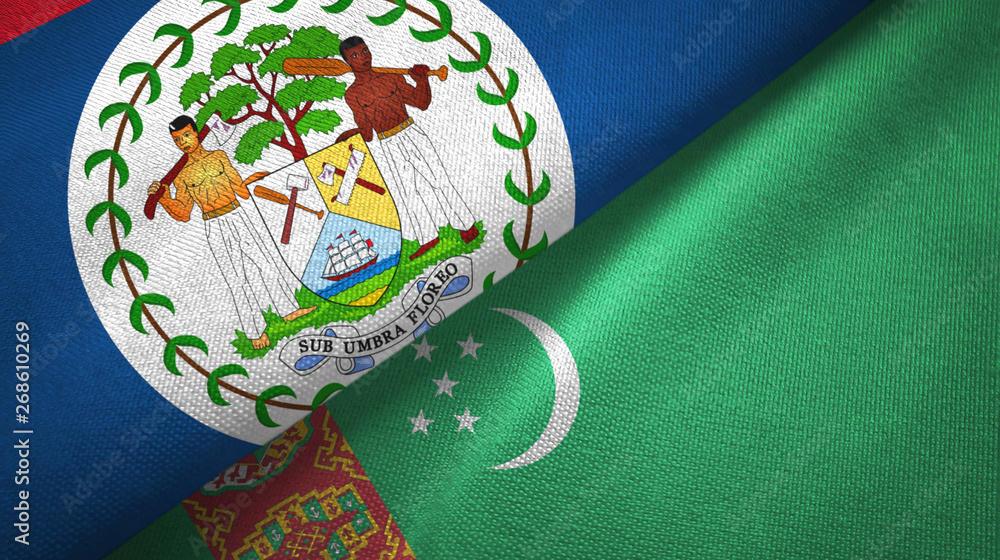 Belize and Turkmenistan two flags textile cloth, fabric texture