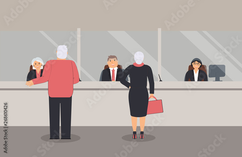 Bank office interior:Bank employees sit behind a barrier with glass and serve the Bank customers.Elegant interior financial institution.Female and male clients stand near the Bank counter. Vector