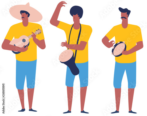 Three musicians playing on ukulele, drum and tambourine. Trio music group. Flat design illustration.