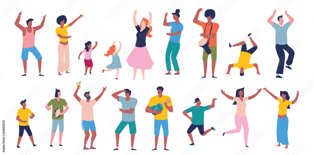 Multicultural group of happy people dancing and enjoying celebration. Flat design illustration.