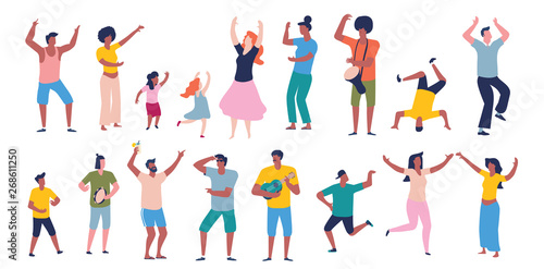 Multicultural group of happy people dancing and enjoying celebration. Flat design illustration.