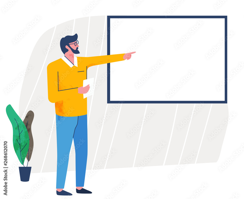 Teacher with glasses pointing on whiteboard table. Modern flat design illustration. Teacher with glasses pointing on whiteboard table. Modern flat design illustration.