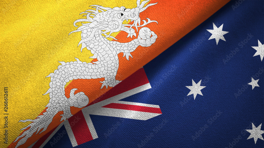 Bhutan and Australia two flags textile cloth, fabric texture Bhutan and Australia two flags textile cloth, fabric texture
