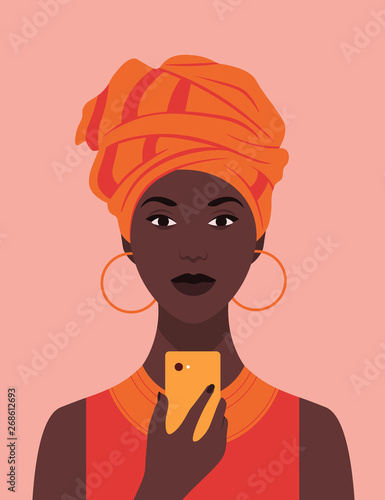African woman in national headdress with a phone. Portrait. Avatar. Addiction on the smartphone and the Internet. Social networks. Vector flat illustration