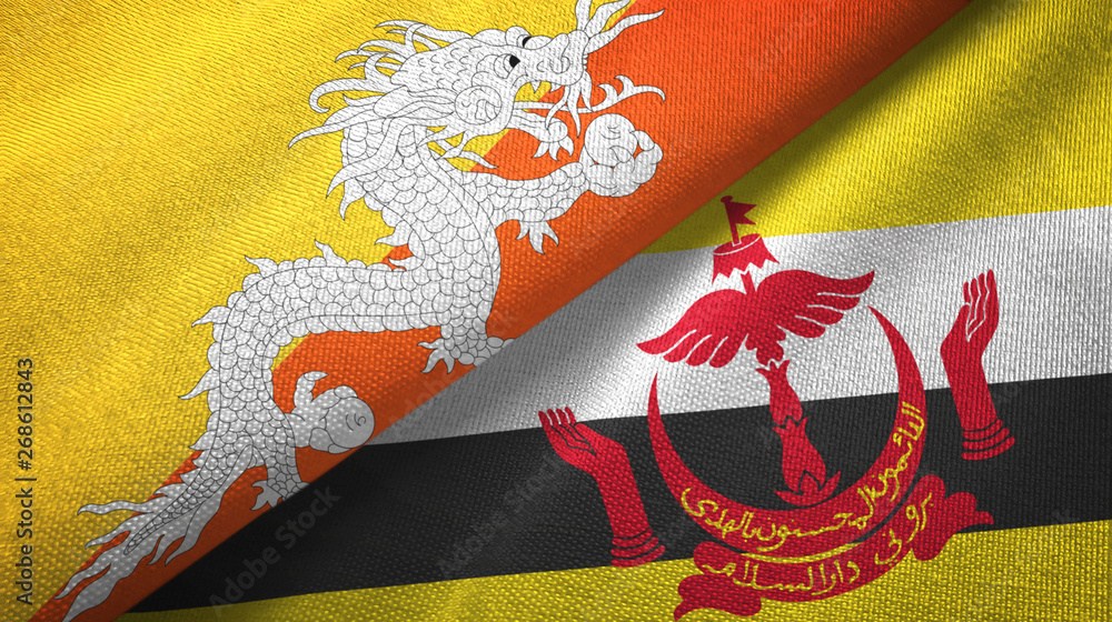 Bhutan and Brunei two flags textile cloth Bhutan and Brunei two flags textile cloth