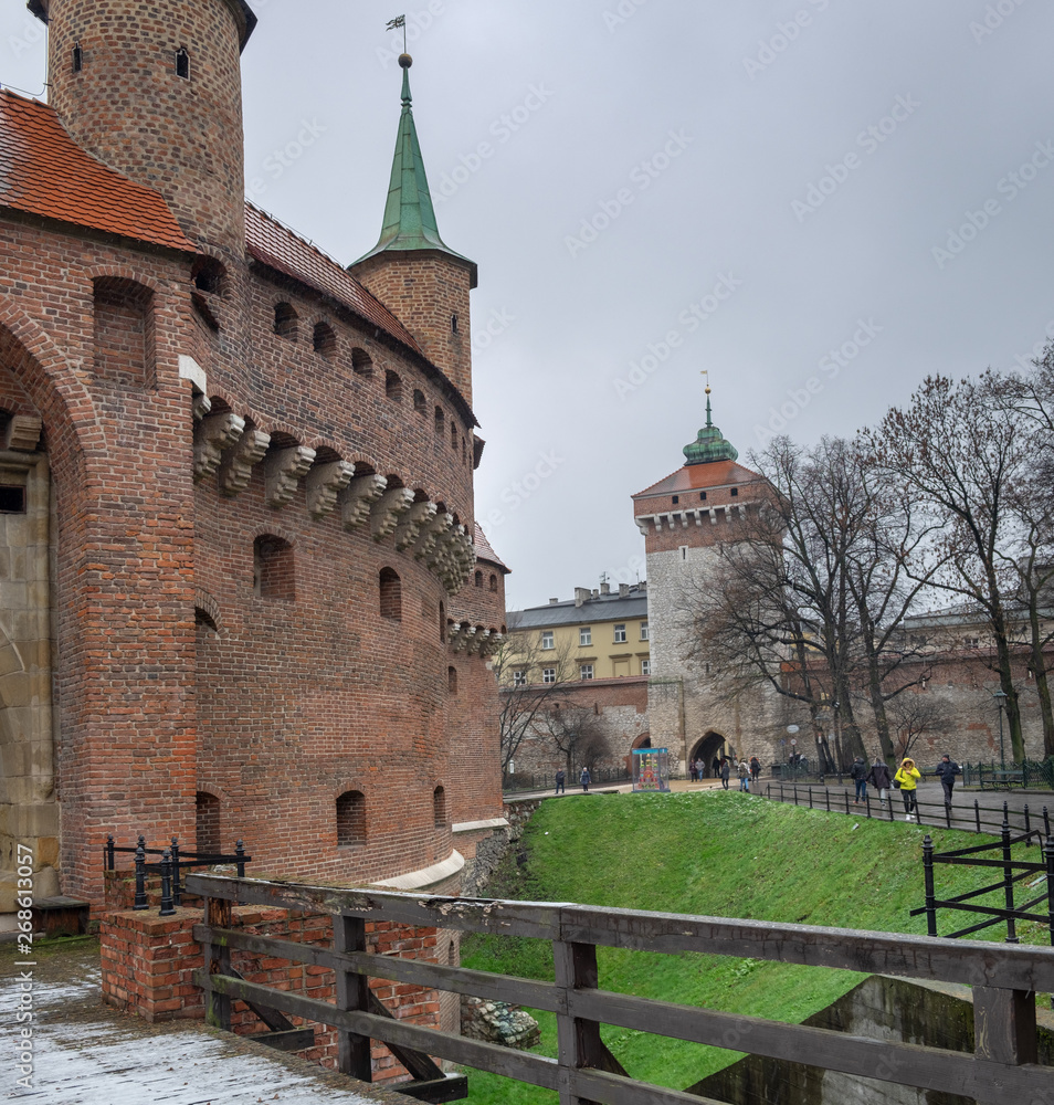 Details of The Krakow Barbican and walls of Old Town of Krakow, Poland