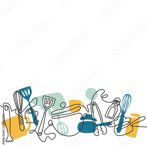 Cutlery line art background. One line drawing of different kitchen utensils. Vector