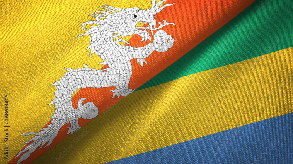 Bhutan and Gabon two flags textile cloth, fabric texture Bhutan and Gabon two flags textile cloth, fabric texture