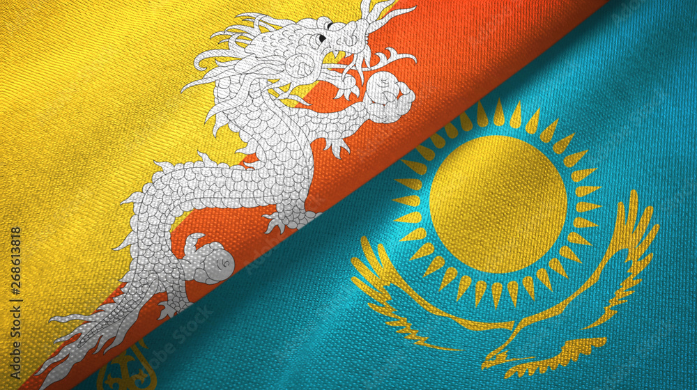 Bhutan and Kazakhstan two flags textile cloth, fabric texture Bhutan and Kazakhstan two flags textile cloth, fabric texture