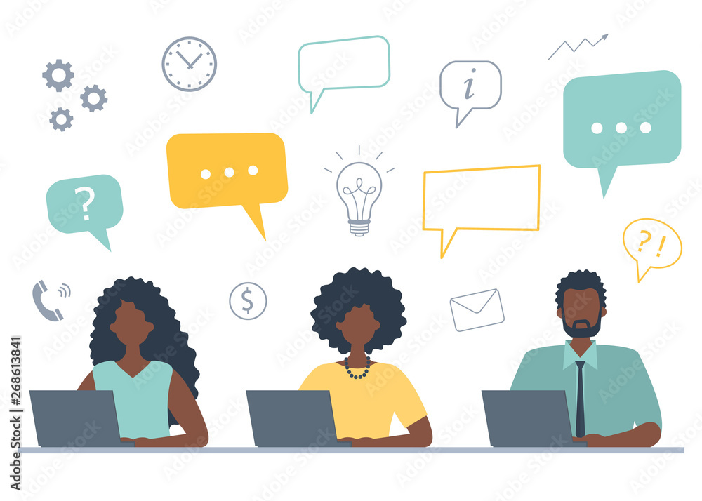 Office workers are working on laptops. Business concept with icons. Black man and black women are sitting at the table on a white background. Teamwork. Funky flat style. Vector illustration Office workers are working on laptops. Business concept with icons. Black man and black women are sitting at the table on a white background. Teamwork. Funky flat style. Vector illustration