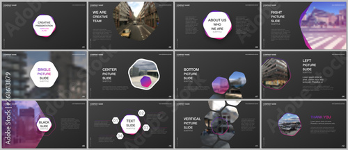 Minimal presentations design, portfolio vector templates with hexagons and hexagonal elements. Multipurpose template for presentation slide, flyer leaflet, brochure cover, report, advertising.