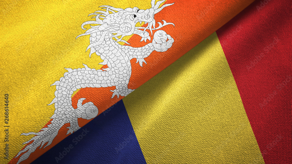 Bhutan and Romania two flags textile cloth, fabric texture Bhutan and Romania two flags textile cloth, fabric texture