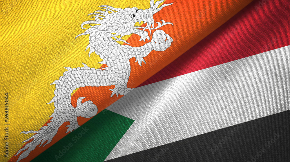 Bhutan and Sudan two flags textile cloth, fabric texture Bhutan and Sudan two flags textile cloth, fabric texture