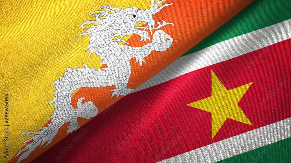 Bhutan and Suriname two flags textile cloth, fabric texture Bhutan and Suriname two flags textile cloth, fabric texture