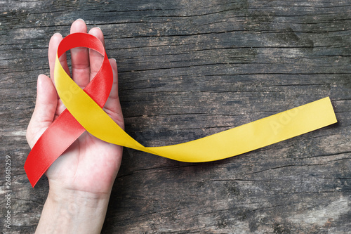World hepatitis day and HIV/ HCV co-infection awareness with red yellow ribbon  (isolated  with clipping path) on person's hand support and old aged wood photo