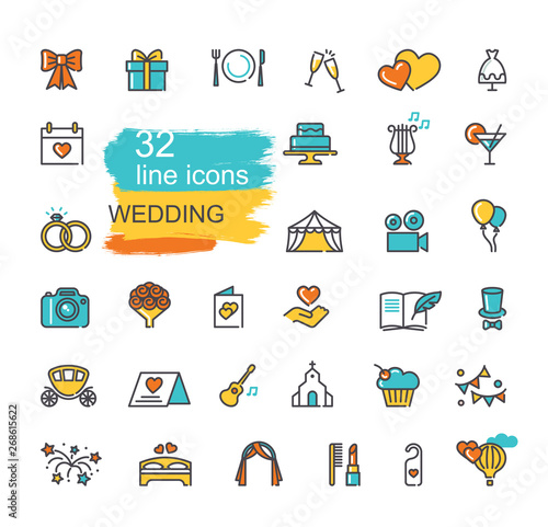 Wedding icon set. Line colored symbols. Vector icons