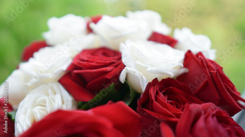 bouquet of beautiful festive flowers of red and white roses