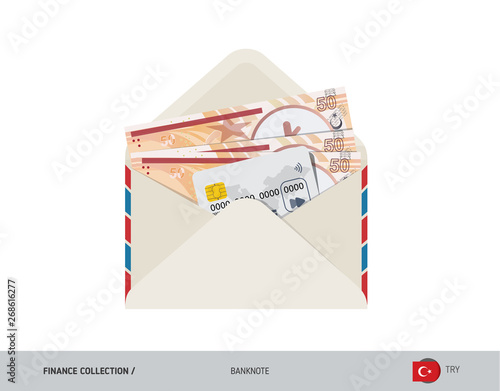 50 Turkish Lira Banknote. Flat style opened envelope with cash. Turkish Lira banknotes and credit card. Salary payout or bank transaction concept.