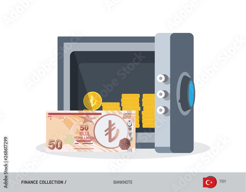 Office safe with 50 Turkish Lira Banknote. Flat style vector illustration. Safe money concept.