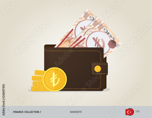 Brown leather wallet with 50 Turkish Lira Banknote and coins. Flat style vector illustration. Business concept.