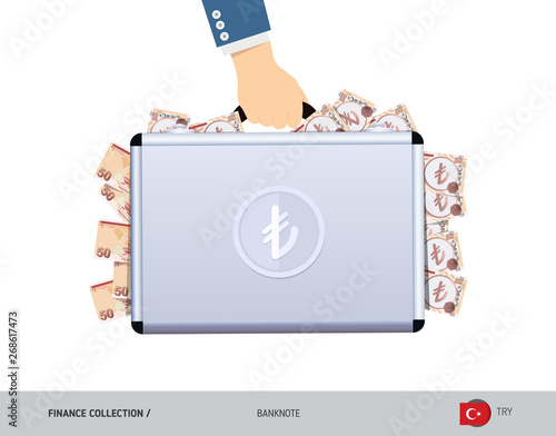 Hand holds a metal case with 50 Turkish Lira Banknotes. Flat style vector illustration. Salary payout or corruption concept.