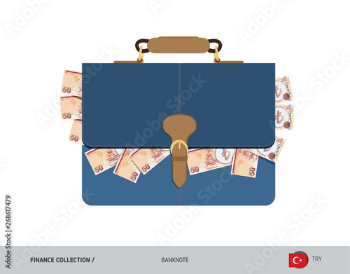 Leather briefcase with 50 Turkish Lira Banknotes. Flat style vector illustration. Salary payout or corruption concept.