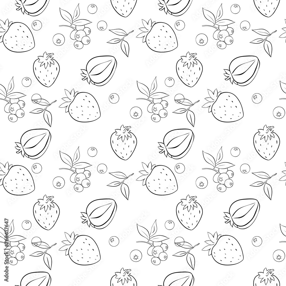 Seamless pattern of Strawberry and blue-berry outline on white background. Vector Seamless pattern of Strawberry and blue-berry outline on white background. Vector