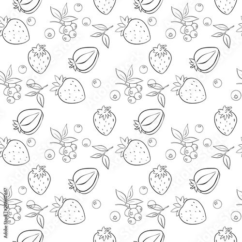 Seamless pattern of Strawberry and blue-berry outline on white background. Vector