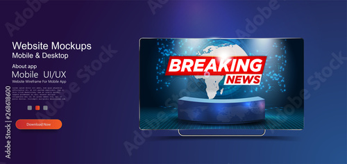 Breaking News In the television studio. Blue TV Screen. World global news. Table and breaking news banner background in the news studio. Vector illustration