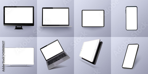 Vector minimalistic 3d isometric illustration set device. Smartphone, laptop, tablet, tv perspective view. Side and top view. Mockup generic device. Template for infographics or presentation. Vector