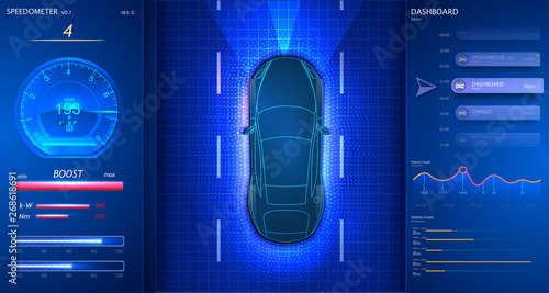 Smart car dashboard. Modern Speedometer Interface. Car goes on the road. Scans the road, observe the distance. Futuristic user interface auto. HUD UI GUI. Abstract virtual graphic touch user interface